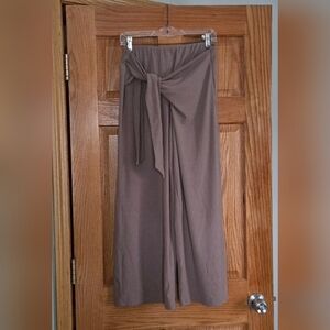 Elodie Taupe Ribbed Knit High-Waist Tie-Front Wide Leg Palazzo Pants Size M
